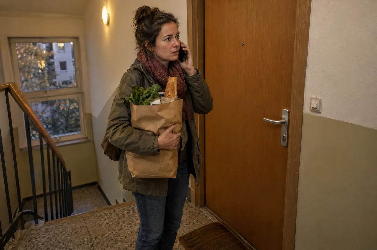 Frau mit Einkaufstüte steht im Treppenhaus vor ihrer geschlossenen Wohnungstür und telefoniert
