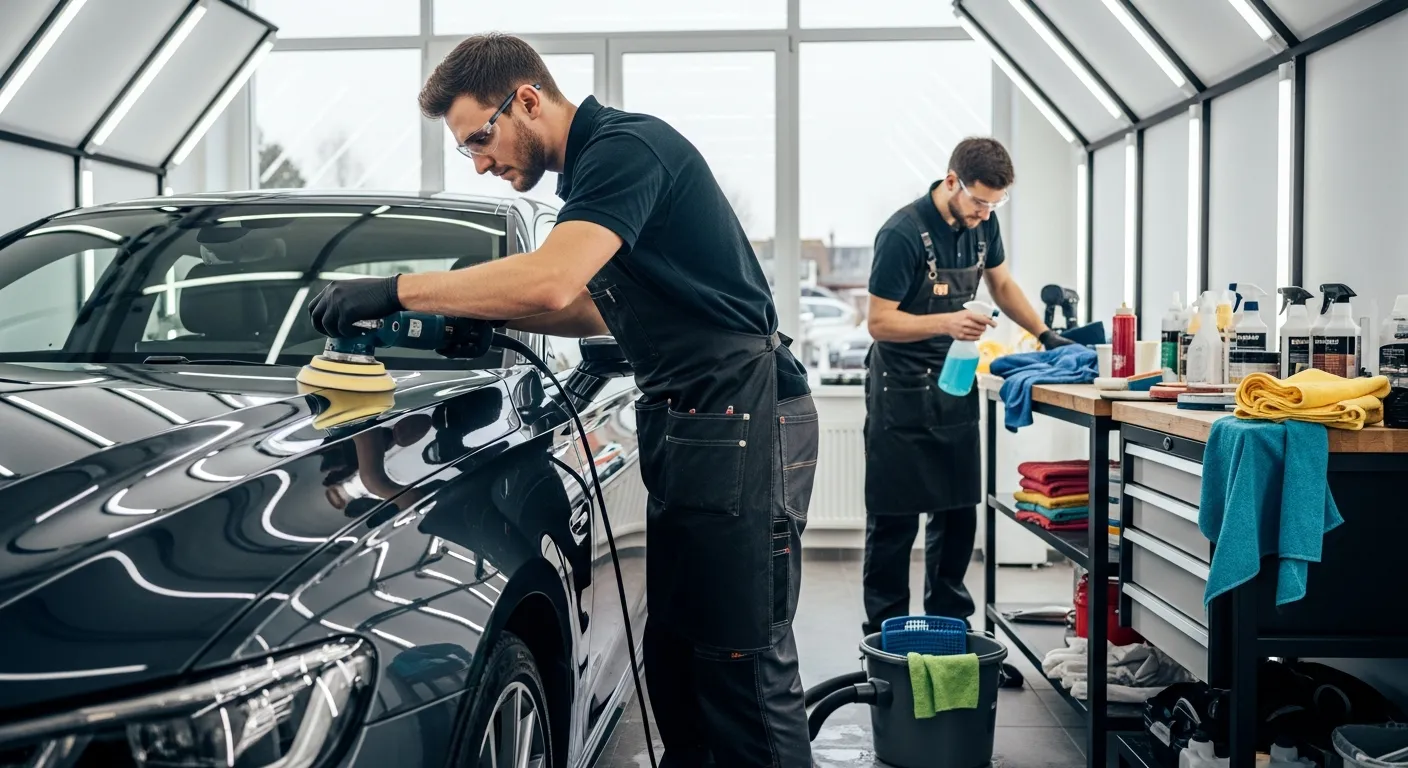 Autoaufbereiter bei der Arbeit