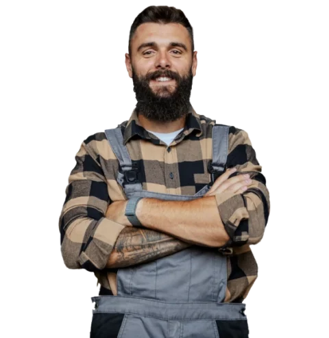 Dachdecker mit Hemd und Schutzkleidung