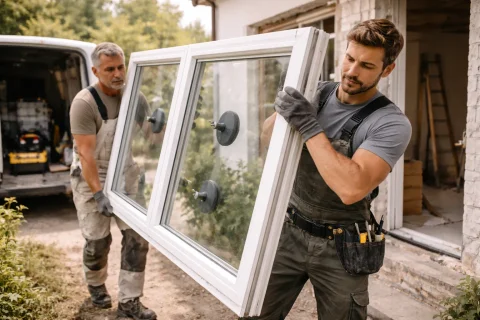 Zwei Fensterbauer tragen ein großes weißes Kunststofffenster mit Saugnäpfen vom Transporter zum Haus