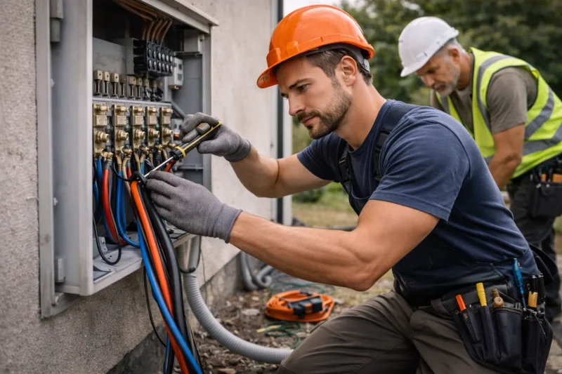 Zwei Elektriker verkabeln einen Hausanschlusskasten an der Außenwand – ohne Online-Sichtbarkeit hängt die Auftragslage am eigenen Netzwerk