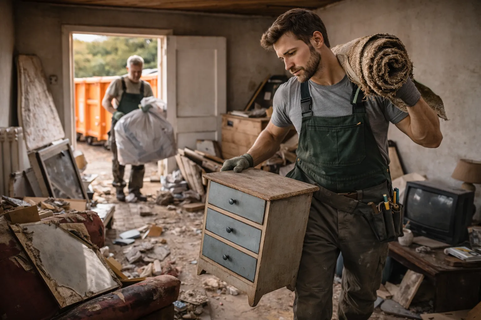 Entrümpler trägt eine alte Kommode und einen Teppich aus einem vollgestellten Raum, ein Kollege bringt Säcke zum Container