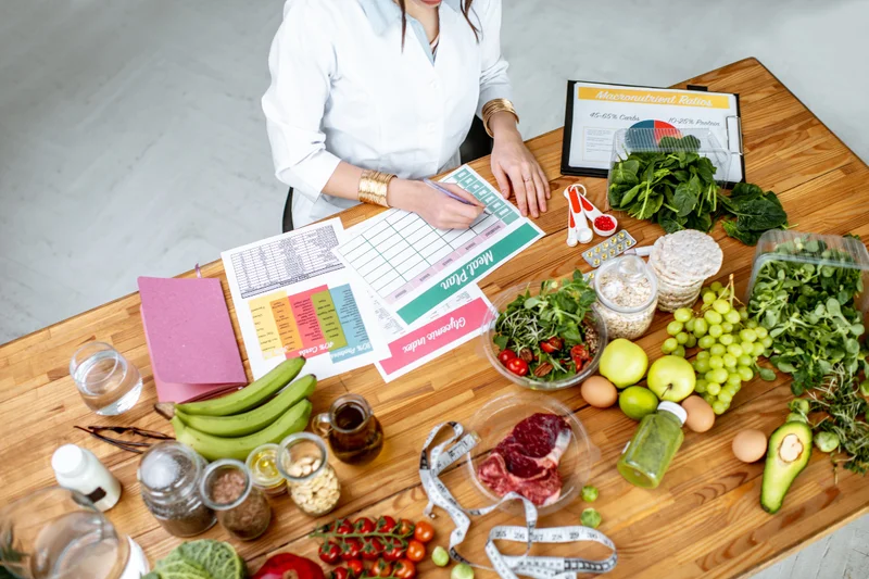 Ernährungsberaterin erstellt am Tisch einen Ernährungsplan zwischen frischen Lebensmitteln und Unterlagen – Verwaltung frisst Zeit, die für Klienten fehlt
