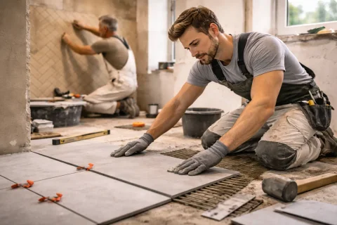 Fliesenleger bei der Arbeit