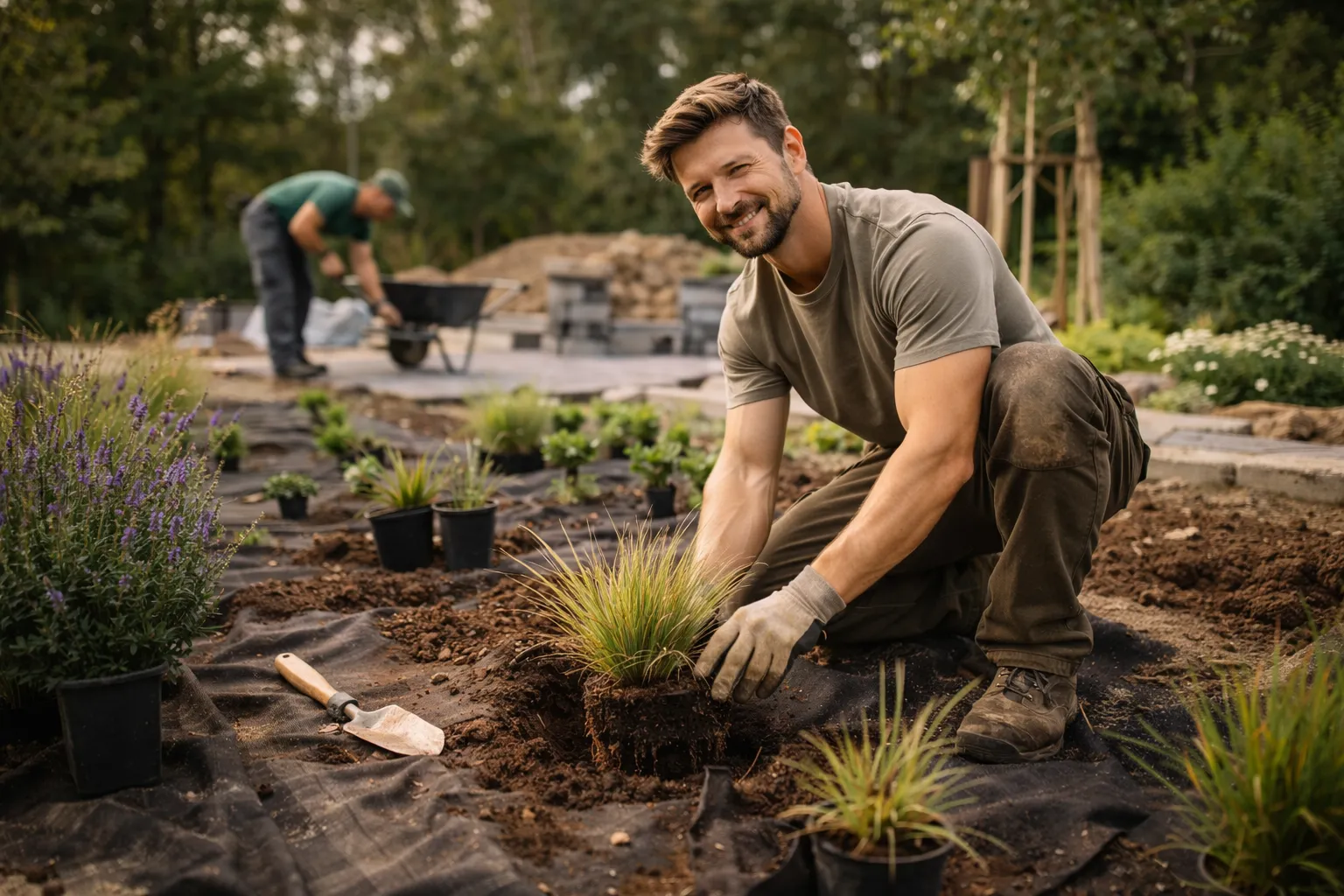 Garten-Landschaftsbauer bei der Arbeit