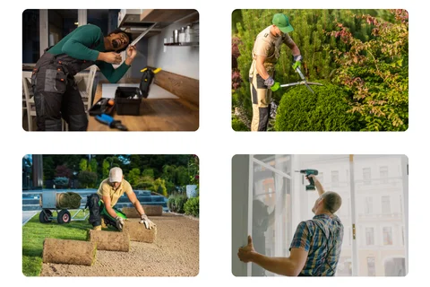 Vier Profis rund um Haus und Garten bei der Arbeit: Reparatur in der Küche, Heckenschnitt, Rollrasen verlegen und Fenstermontage