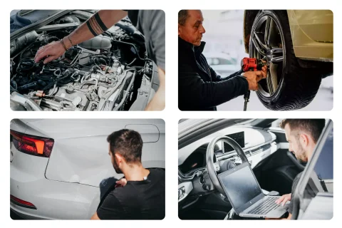 Auto- und KFZ-Profis bei der Arbeit: Motordiagnose, Reifenwechsel, Karosseriebegutachtung und Fahrzeugdiagnose am Laptop