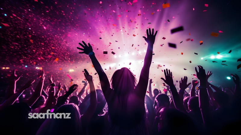 Junge Menschen feiern mit Konfetti und Lichtshow – saarfinanz als moderner Versicherungsmakler zeigt, wie individuelle Versicherungen Sicherheit fürs Leben schaffen