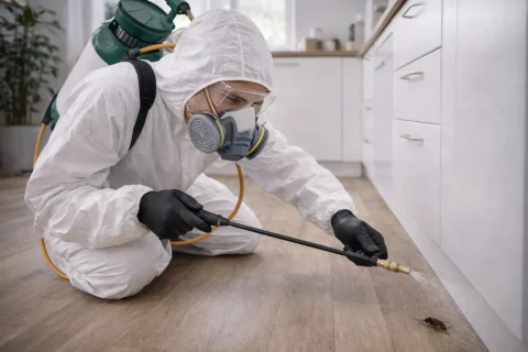 Schädlingsbekämpfer in Schutzanzug behandelt eine Küche gegen Schaben