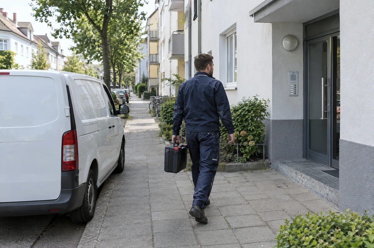 Schlüsseldienst mit Werkzeugkoffer geht in einer Wohnstraße vom weißen Servicewagen zum Hauseingang