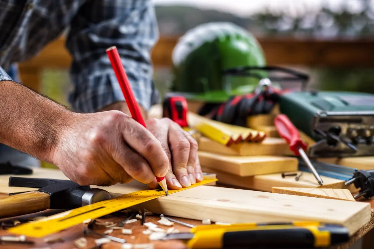 Schreiner markiert Holz mit Bleistift