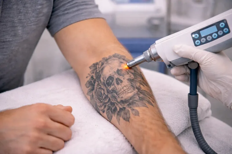 Laserbehandlung eines großen Unterarm-Tattoos im Studio – eine Entfernung braucht mehrere Sitzungen über Monate