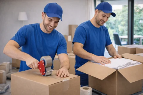 Zwei Umzugshelfer in blauen T-Shirts und Kappen kleben Umzugskartons zu und packen Wäsche ein