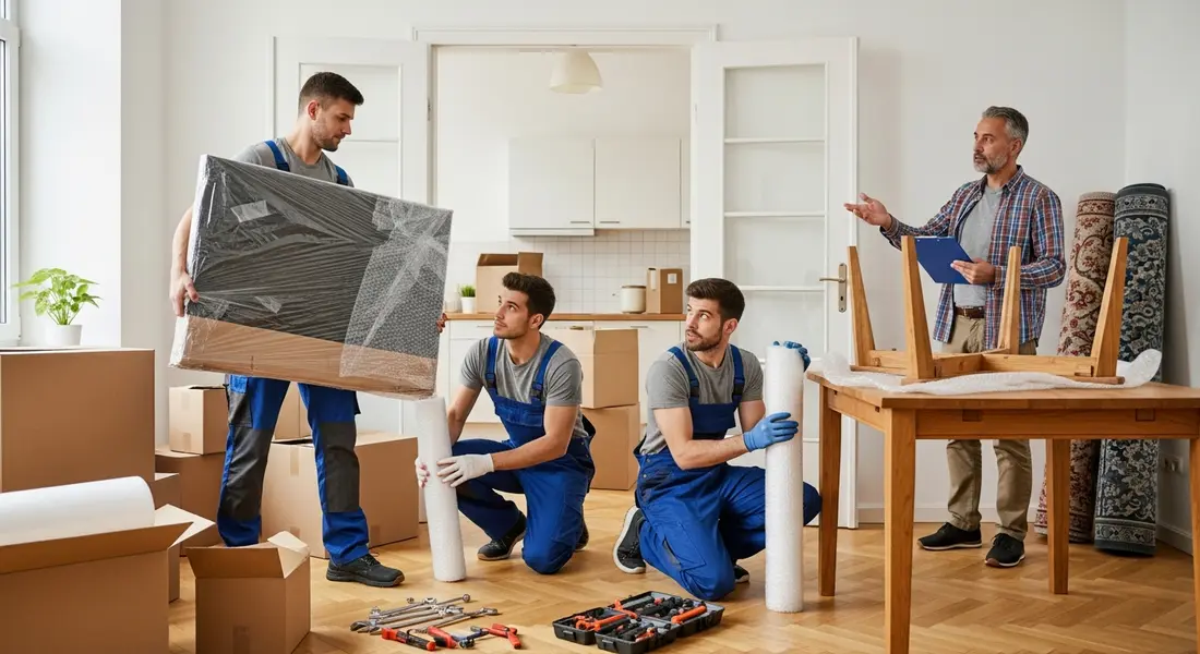 Drei Umzugshelfer in blauen Latzhosen verpacken in einer Altbauwohnung einen Fernseher und Möbel in Folie, ein Kunde zeigt auf einen Tisch
