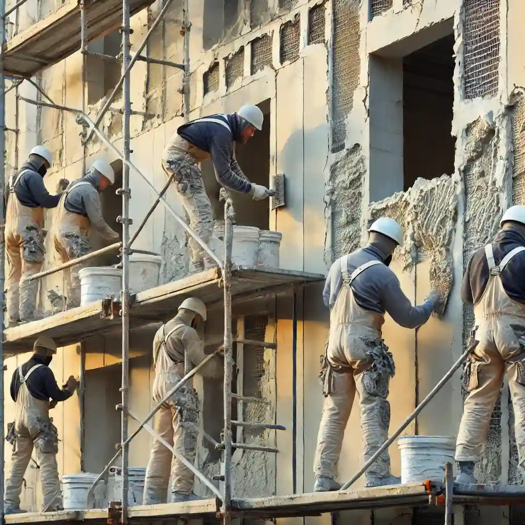 Mitarbeiter verputzen die Fassade und Dämmung